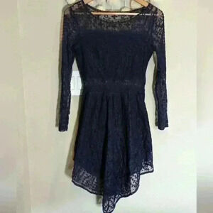 H&M Divided Navy Lace Dress waist detail sheer sleeve fitted asymmetrical hem